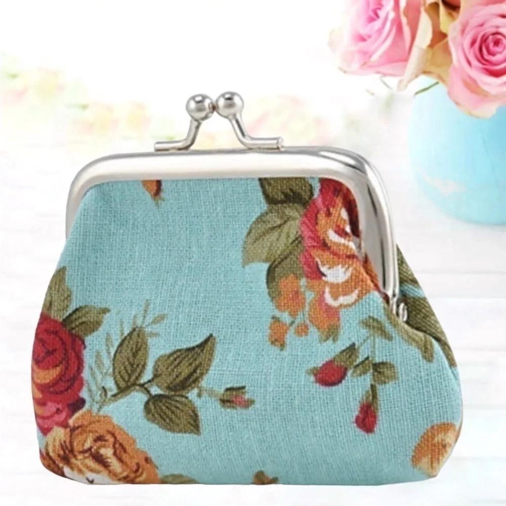 Purse Coin Bag French Kiss Clasp Storage Change Victorian Rose Floral Blue
